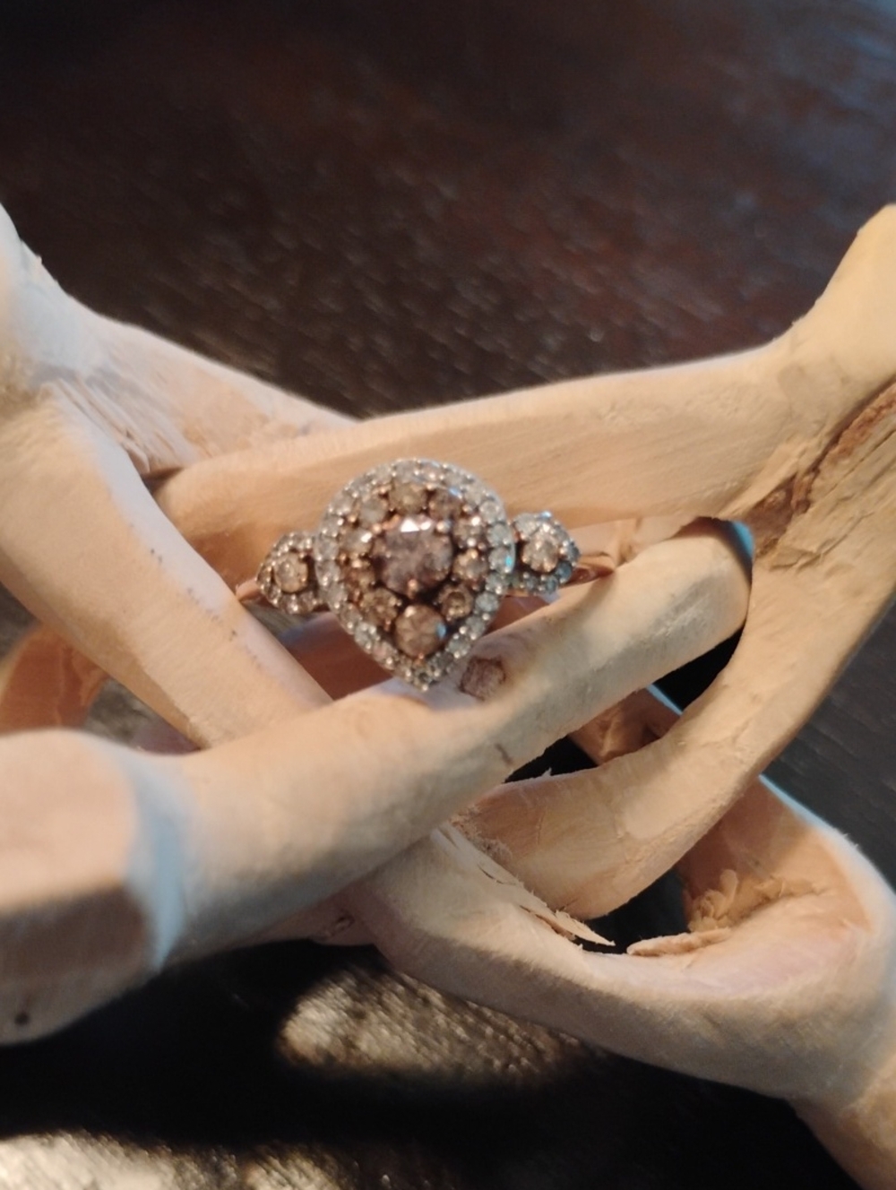 10k Rose Gold Genuine Champagne & White Diamond Pear Shaped Ring